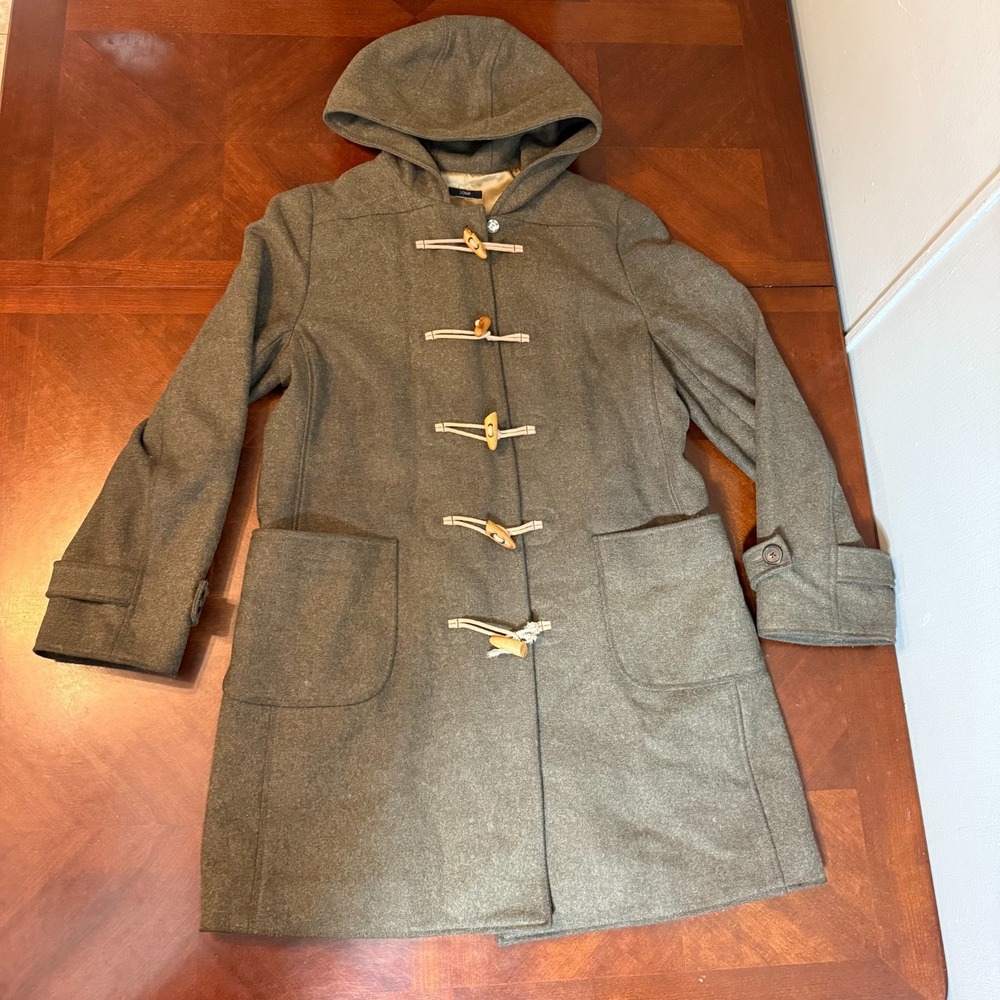 J.Crew Hooded Duffle Coat Women's Gray Toggle Wool Blend Jacket READ Flaws